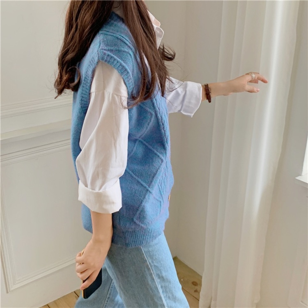 Korean Vintage V-Neck Knitted Sweater Vest - Blue - Picture 5 of 10